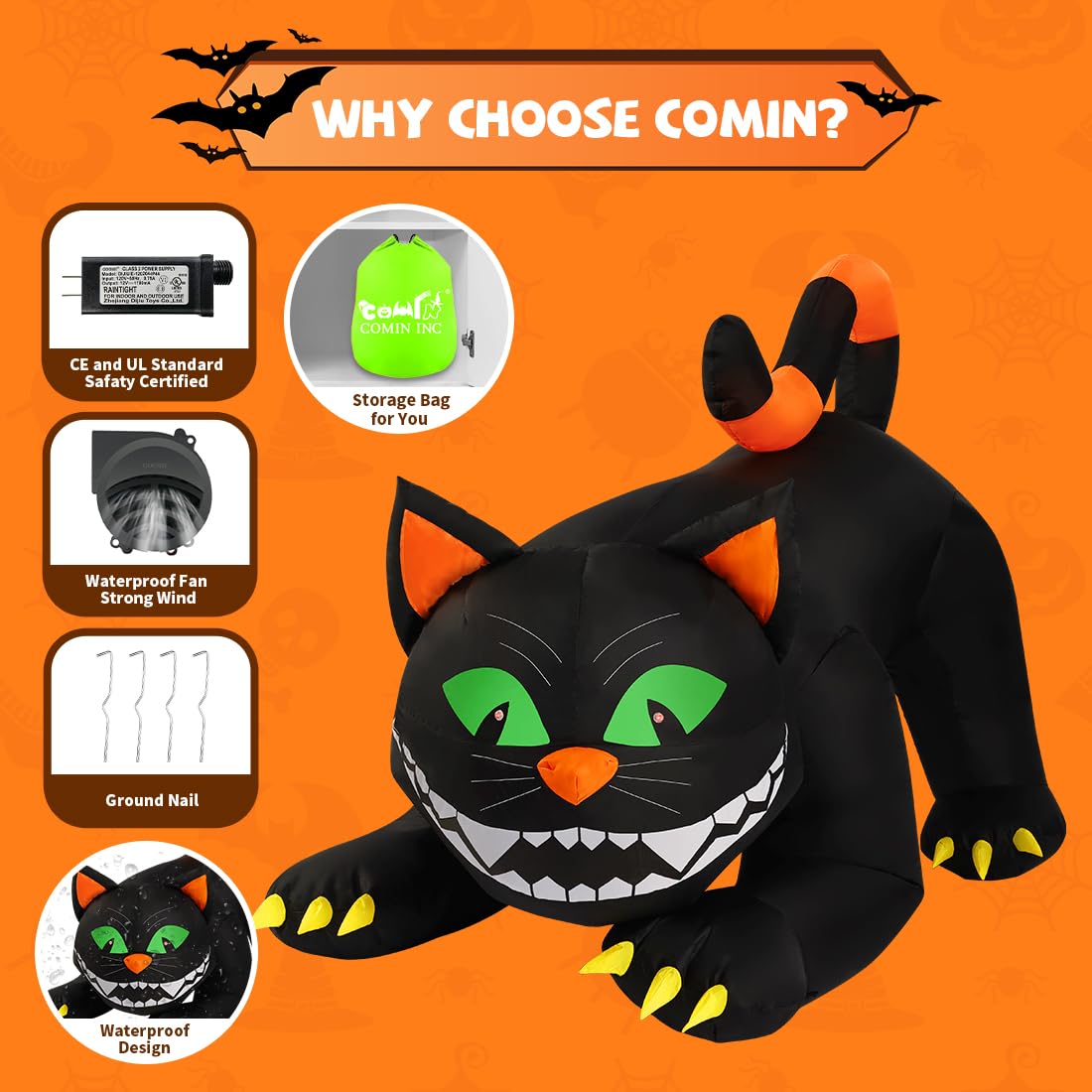 6 FT Halloween Inflatables Black Cat with Moving Head and Built-in LEDs N47251