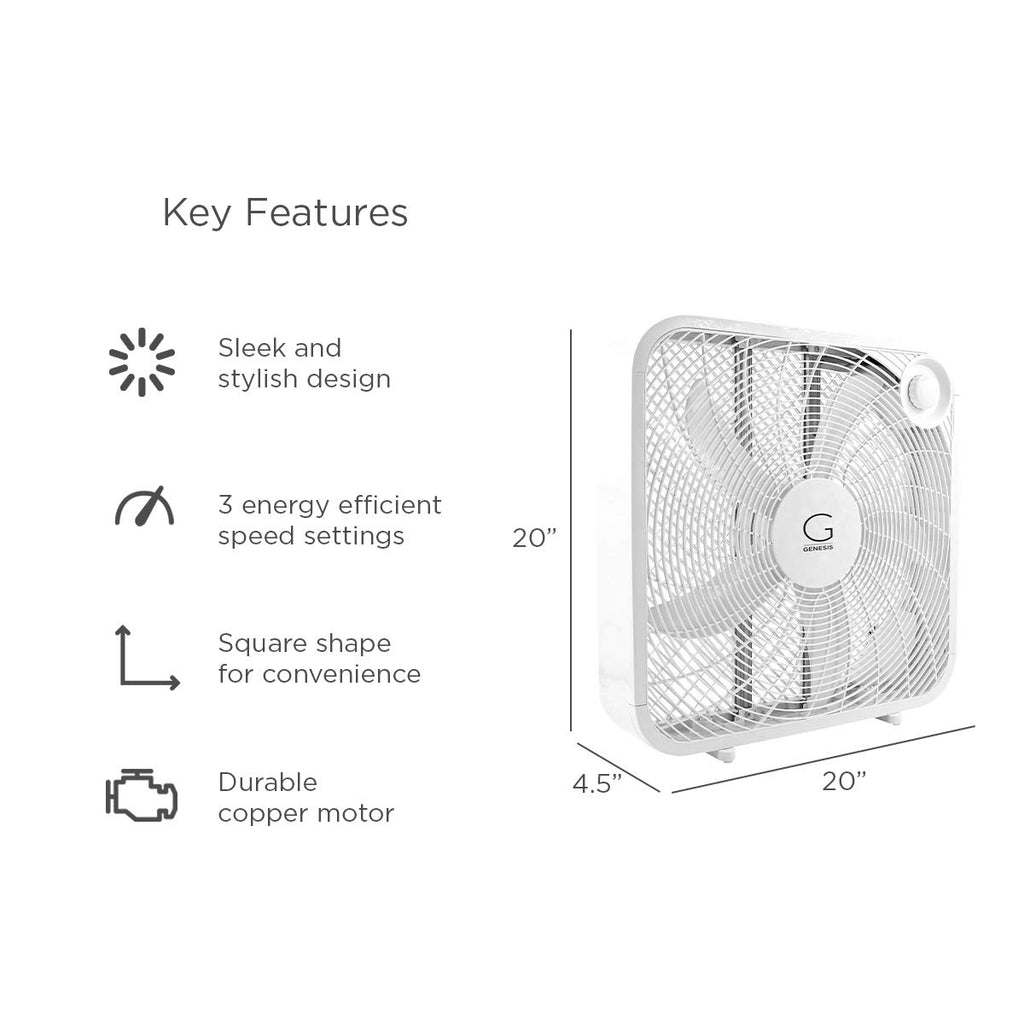 20" Box Fan, 3 Settings, Carry Handle, White Q92268