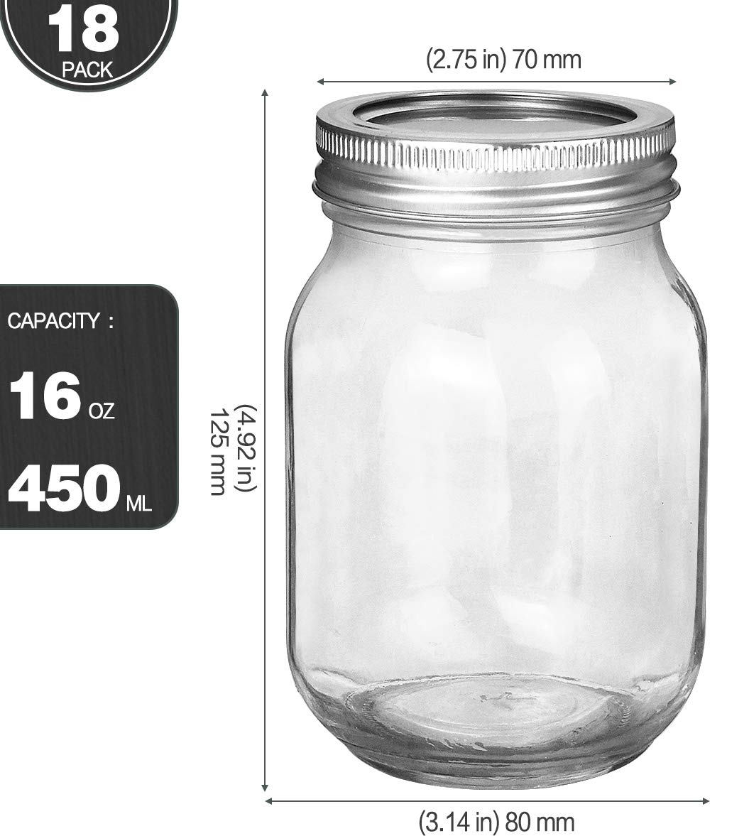 16oz Regular Mouth Mason Jars 18 Pack V4634