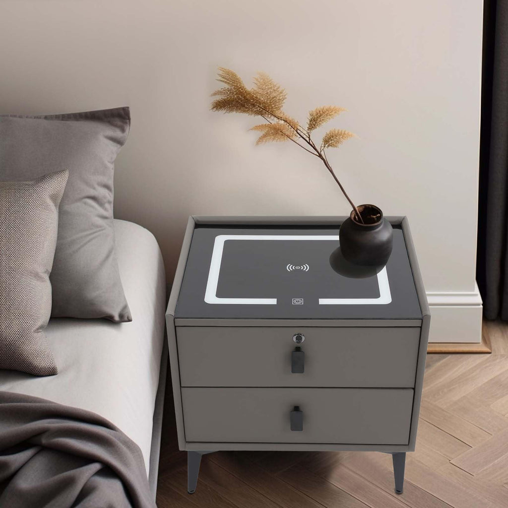 Dark Grey Smart Nightstand with Wireless Charging and LED Lights H70223