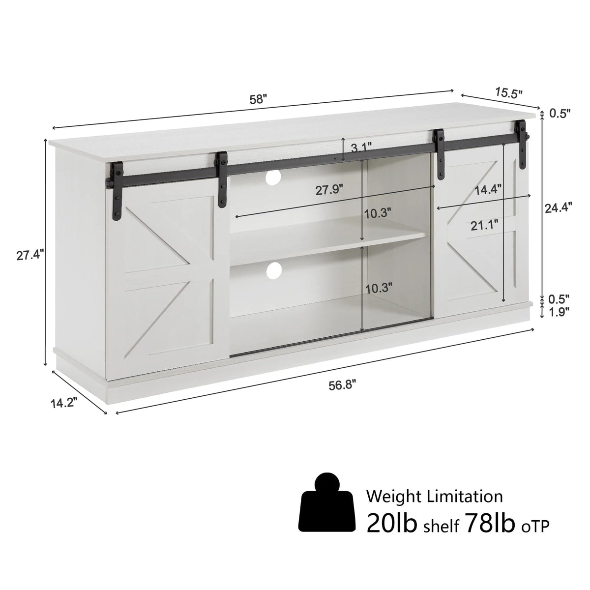 White 65 Inch TV Stand with Sliding Barn Doors and Storage H76275