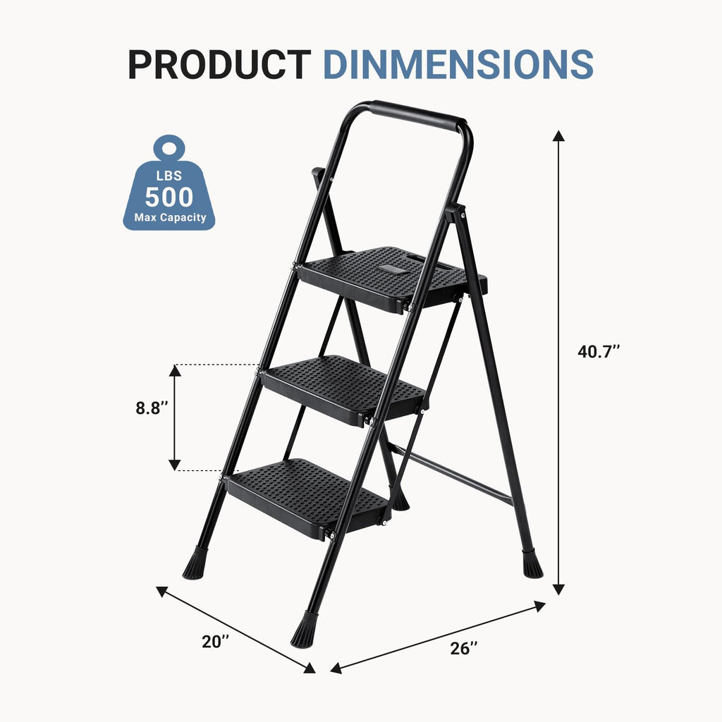 3 Step Ladder with Anti-Slip Pedal and Handrail, 500lbs, Black P7367