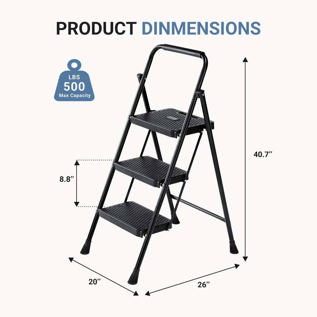 3 Step Ladder with Anti-Slip Pedal and Handrail, 500lbs, Black P7367