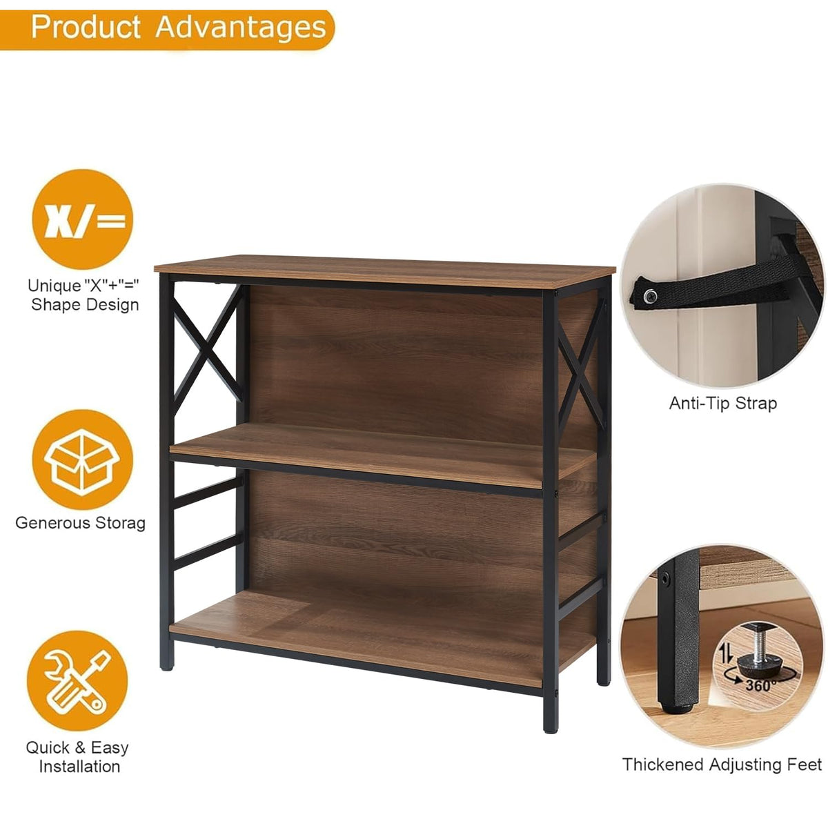 3 Tier Rustic Brown Bookshelf with Metal Frame and Backboard E239