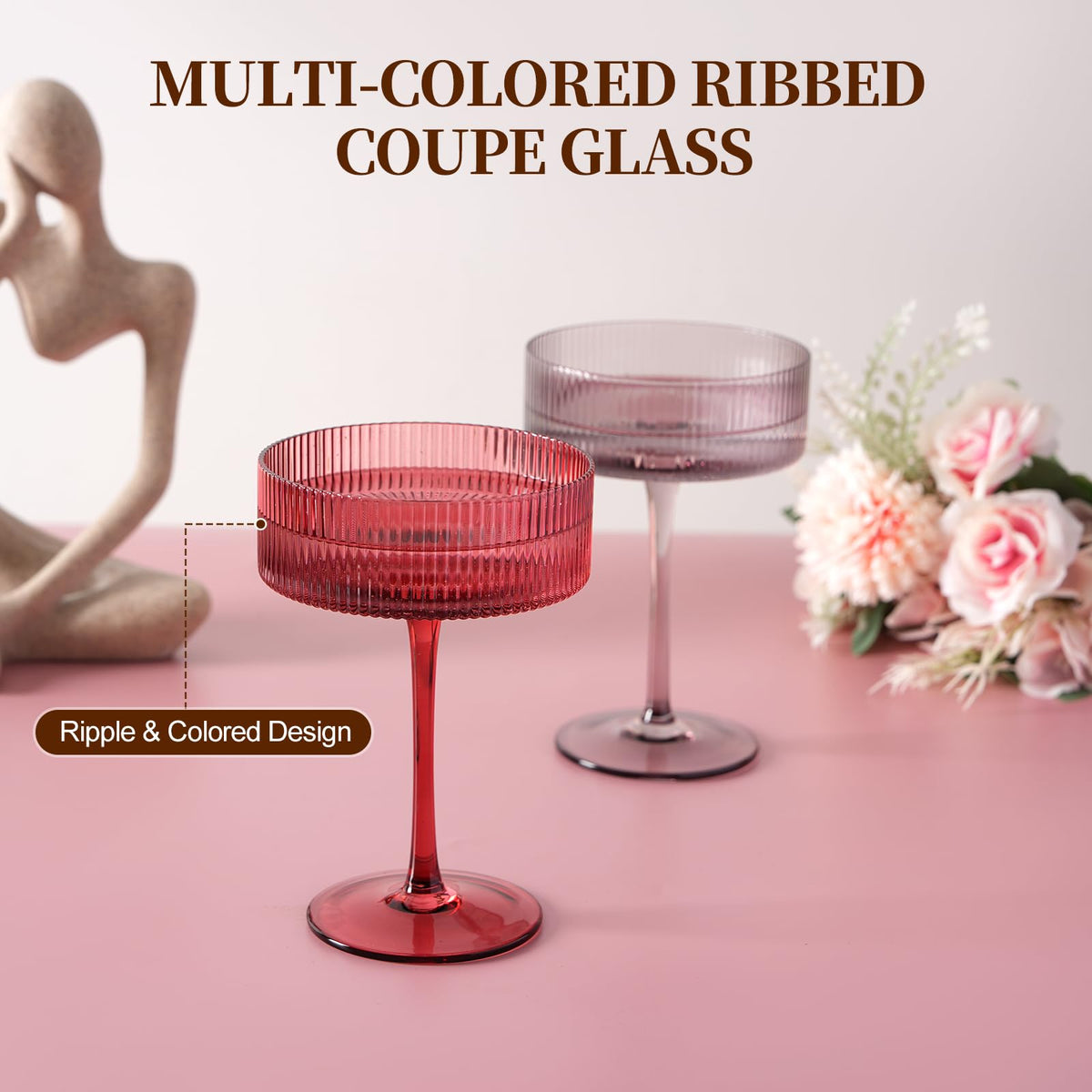 9Oz Ribbed Crystal Hand Blown Coupe Cocktail Glasses O82775