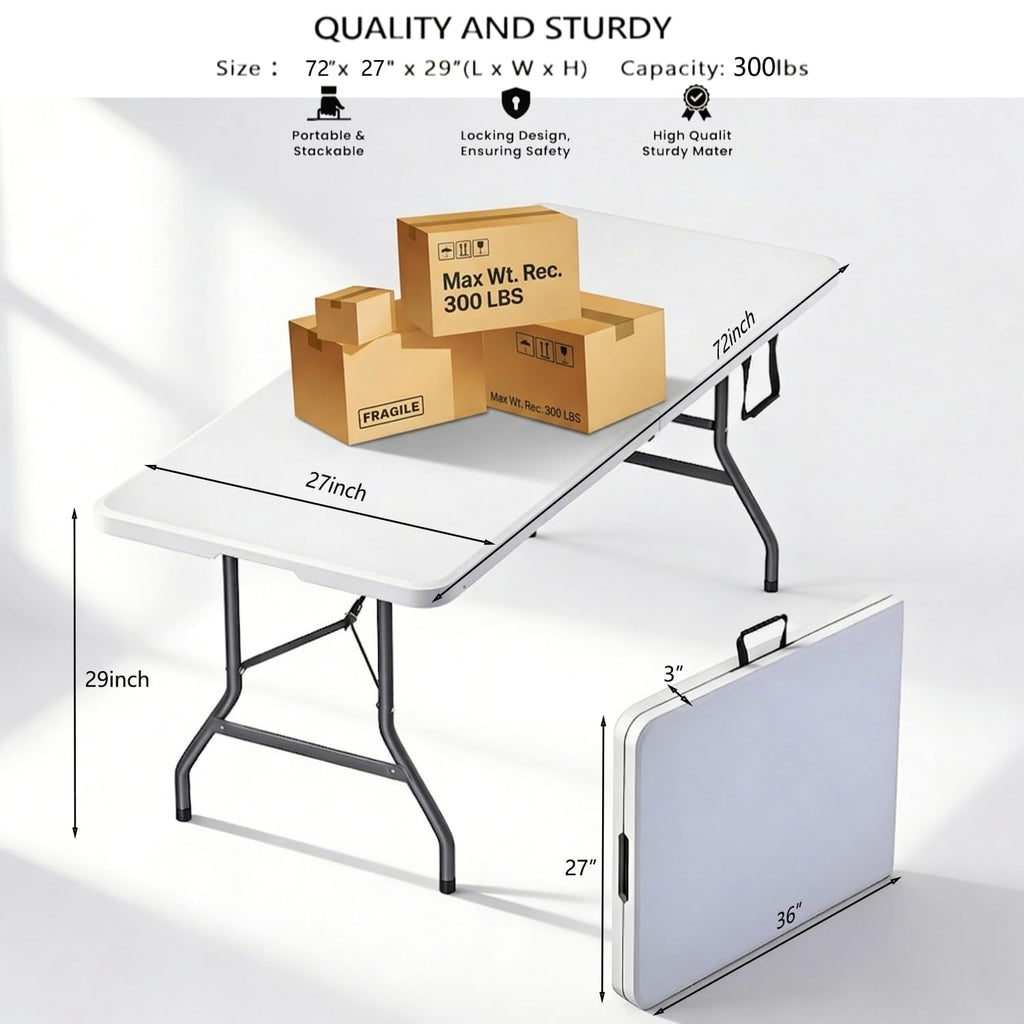 6FT White HDPE Folding Table with Carry Handle Y5614