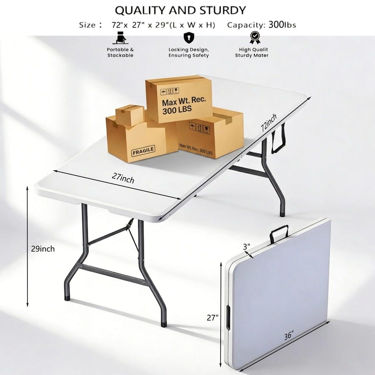 6FT White HDPE Folding Table with Carry Handle Y5614