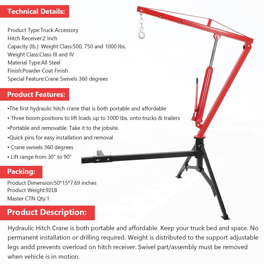 Hydraulic Pickup Truck Crane 1000 Lbs 360° Swivel Hitch Mounted M885