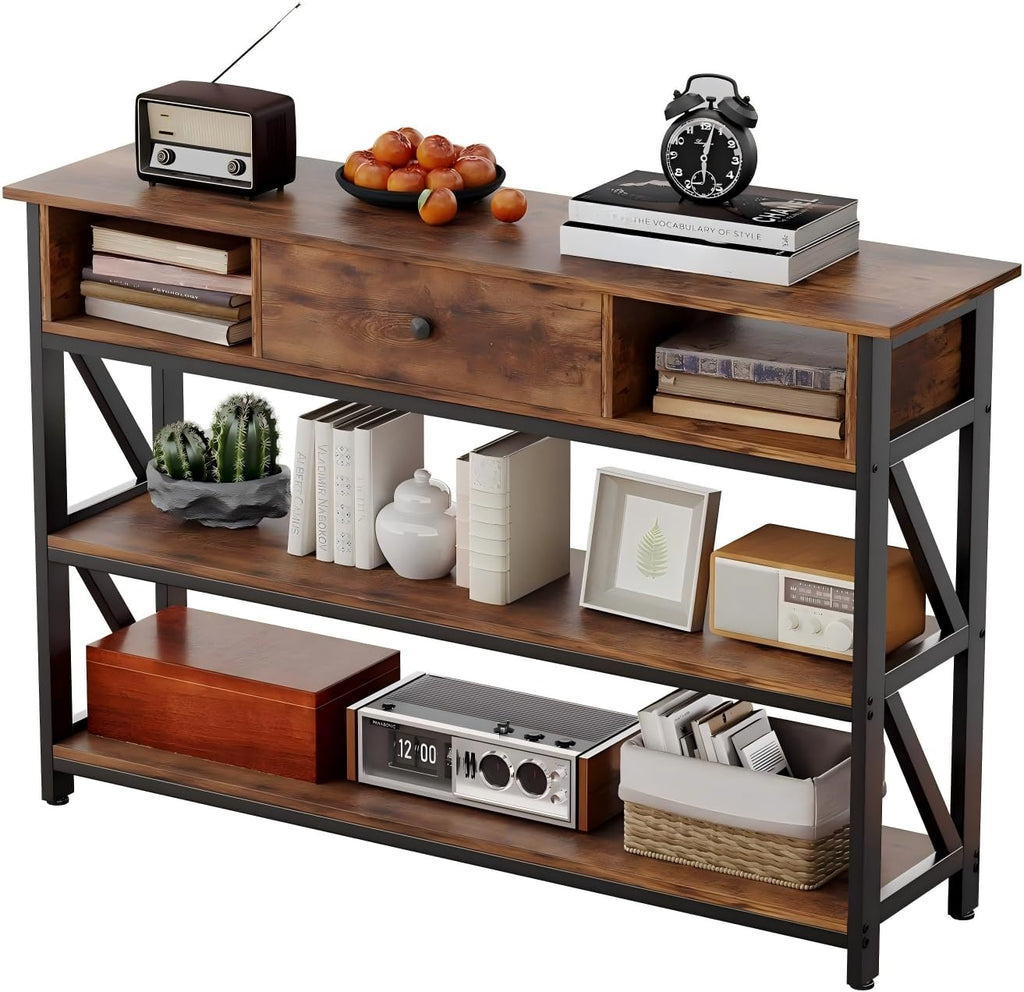 47 Inch Rustic Brown Console Table with Drawer Shelves D15325