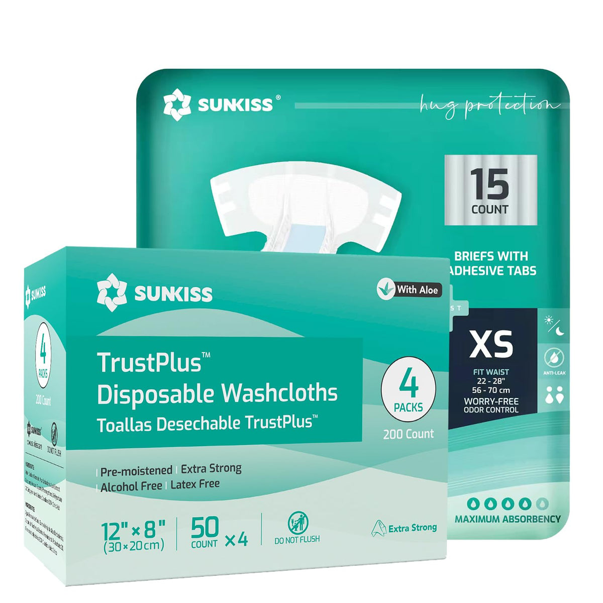 Adult Diapers XSmall 15 Count & Wet Wipes 8" x 12" 200 Count Bundle E818