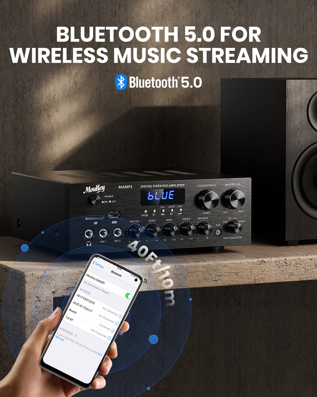 Bluetooth Stereo Receiver Amplifier with USB SD AUX RCA MIC, 400W Peak D136