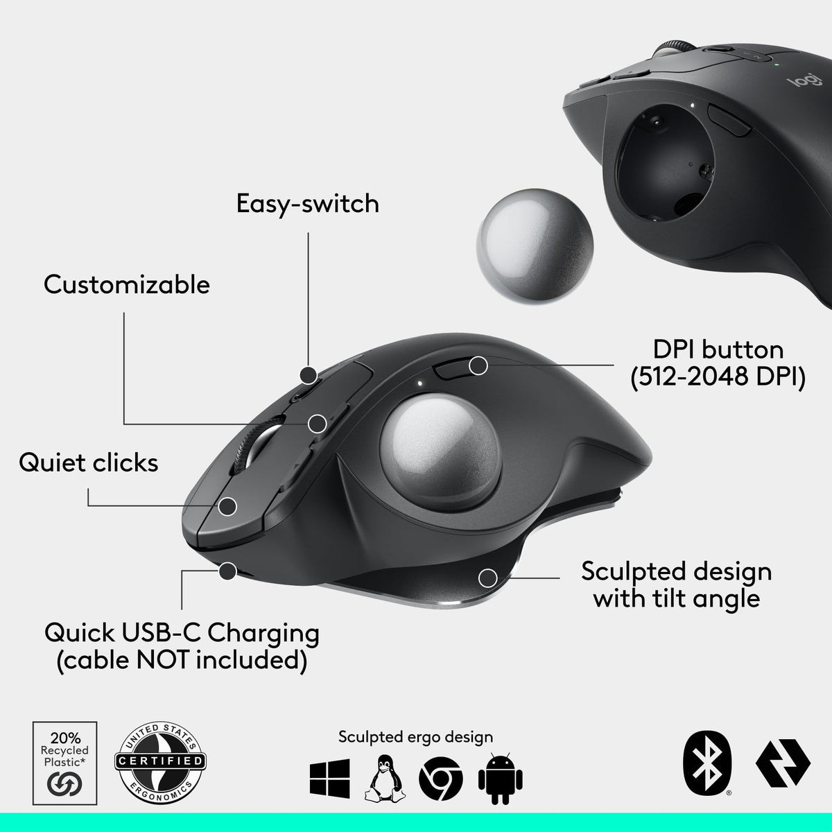 Wireless Trackball Mouse USB C Graphite M1897