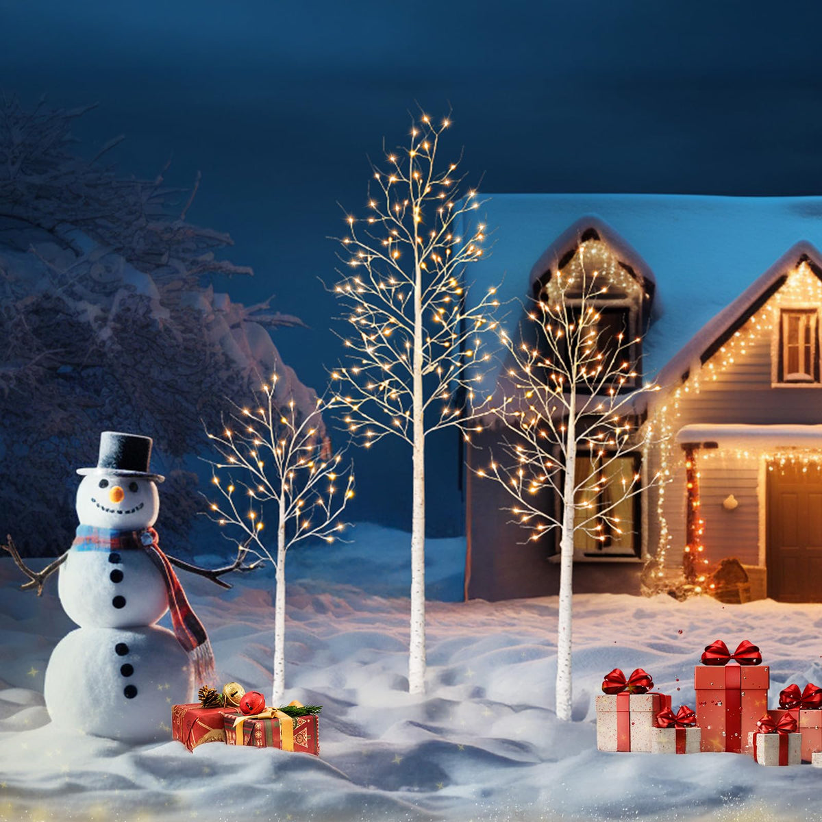 White Birch Tree with Lights Set of 3 Christmas Decorations with Warm White Lights I678