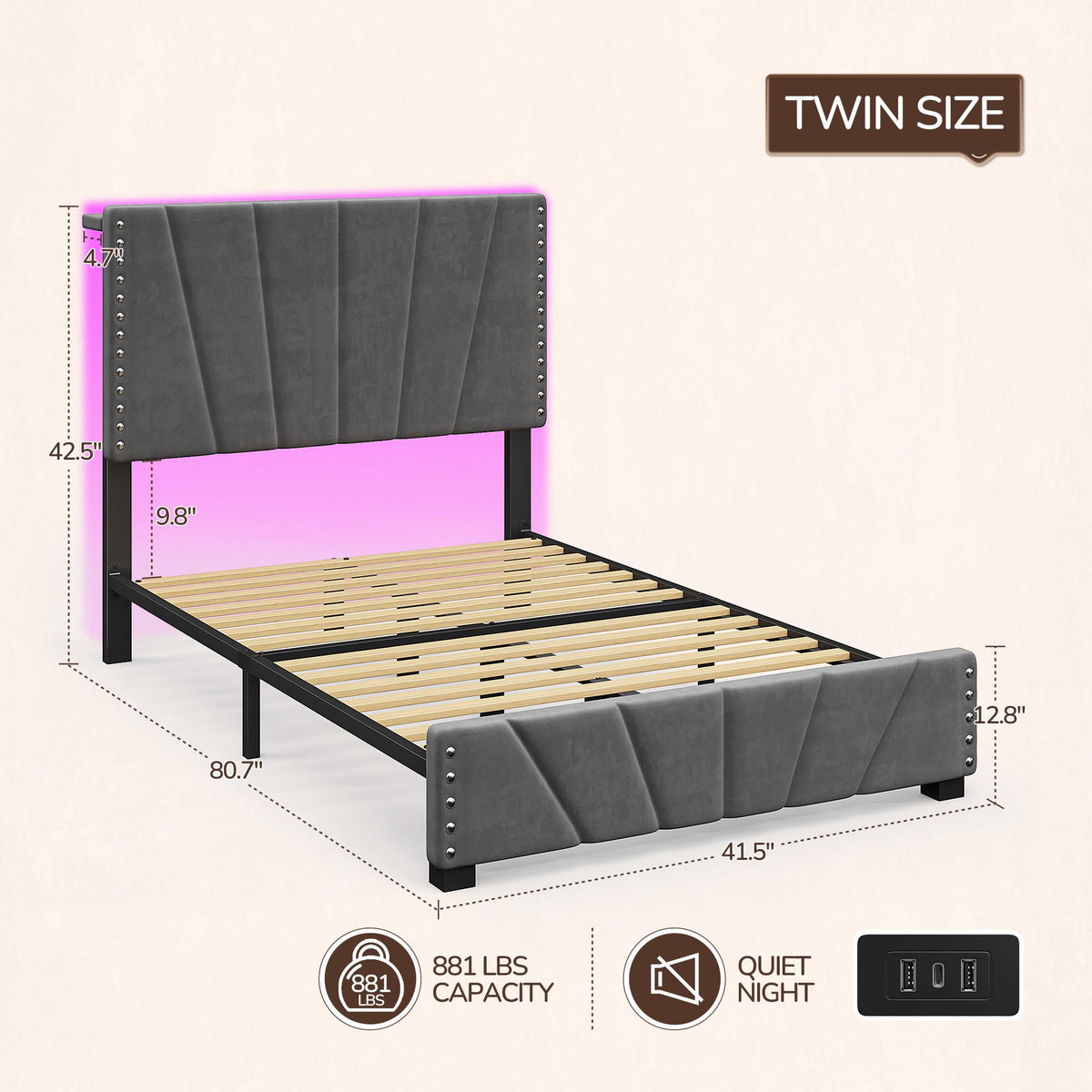 Twin Bed Frame with LED Lights & USB X349