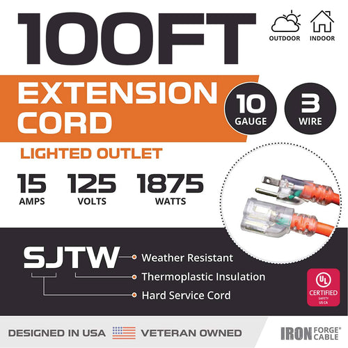 10 Gauge Heavy Duty Extension Cord 100 Ft Orange SJTW Z45588
