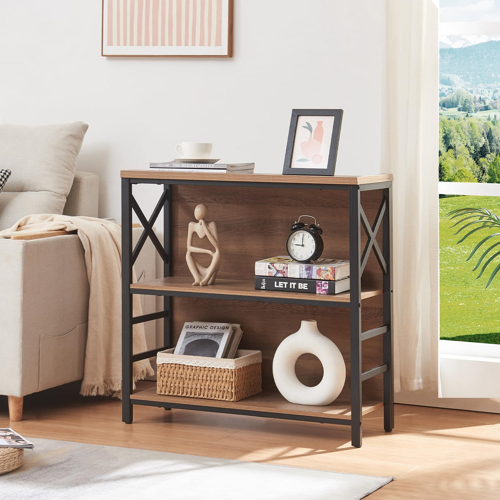 3 Tier Rustic Brown Bookshelf with Metal Frame and Backboard E239