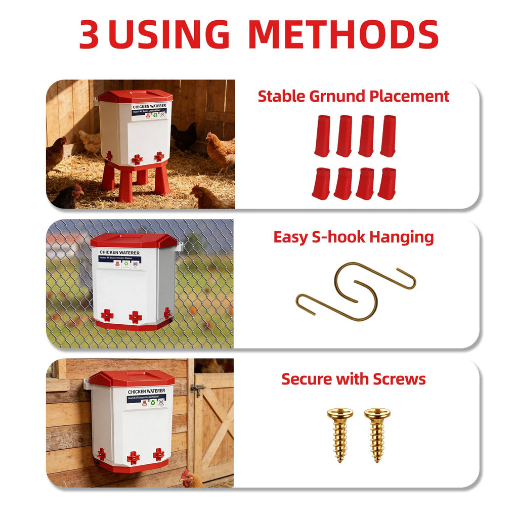 3-Gallon Heated Chicken Waterer with Heater and 4 Nipples W381