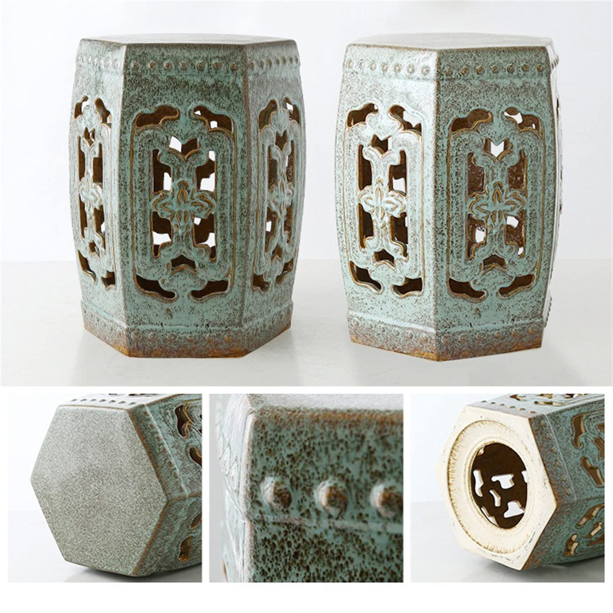 Ceramic Garden Stool Hexagonal Hollow Porcelain Drum Stool H69782