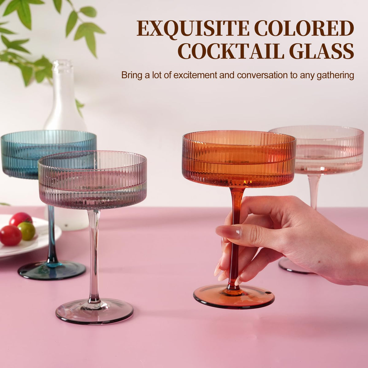 9Oz Ribbed Crystal Hand Blown Coupe Cocktail Glasses O82775