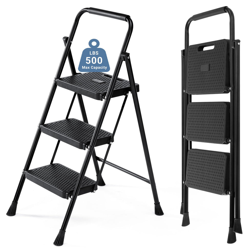3 Step Ladder with Anti-Slip Pedal and Handrail, 500lbs, Black P7367