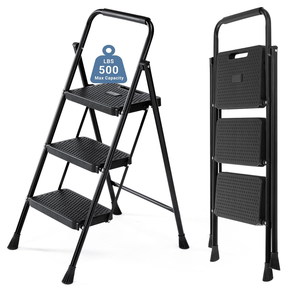 3 Step Ladder with Anti-Slip Pedal and Handrail, 500lbs, Black P7367