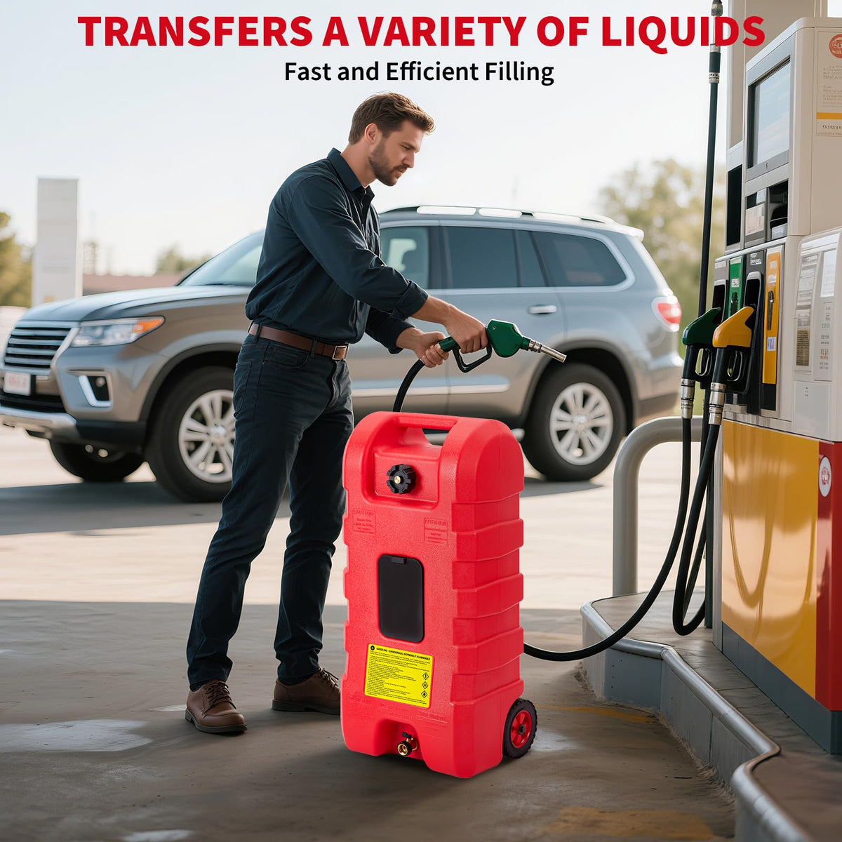 15 gal Gas Can with Manual Transfer Pump & 10 ft Hose H202382