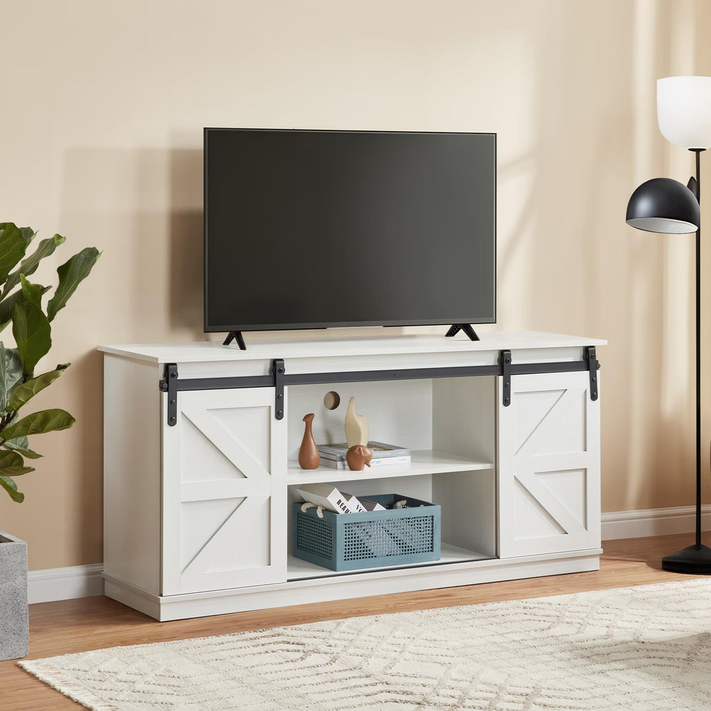 White 65 Inch TV Stand with Sliding Barn Doors and Storage H76275