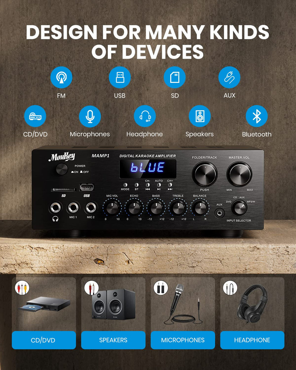 Bluetooth Stereo Receiver Amplifier with USB SD AUX RCA MIC, 400W Peak D136