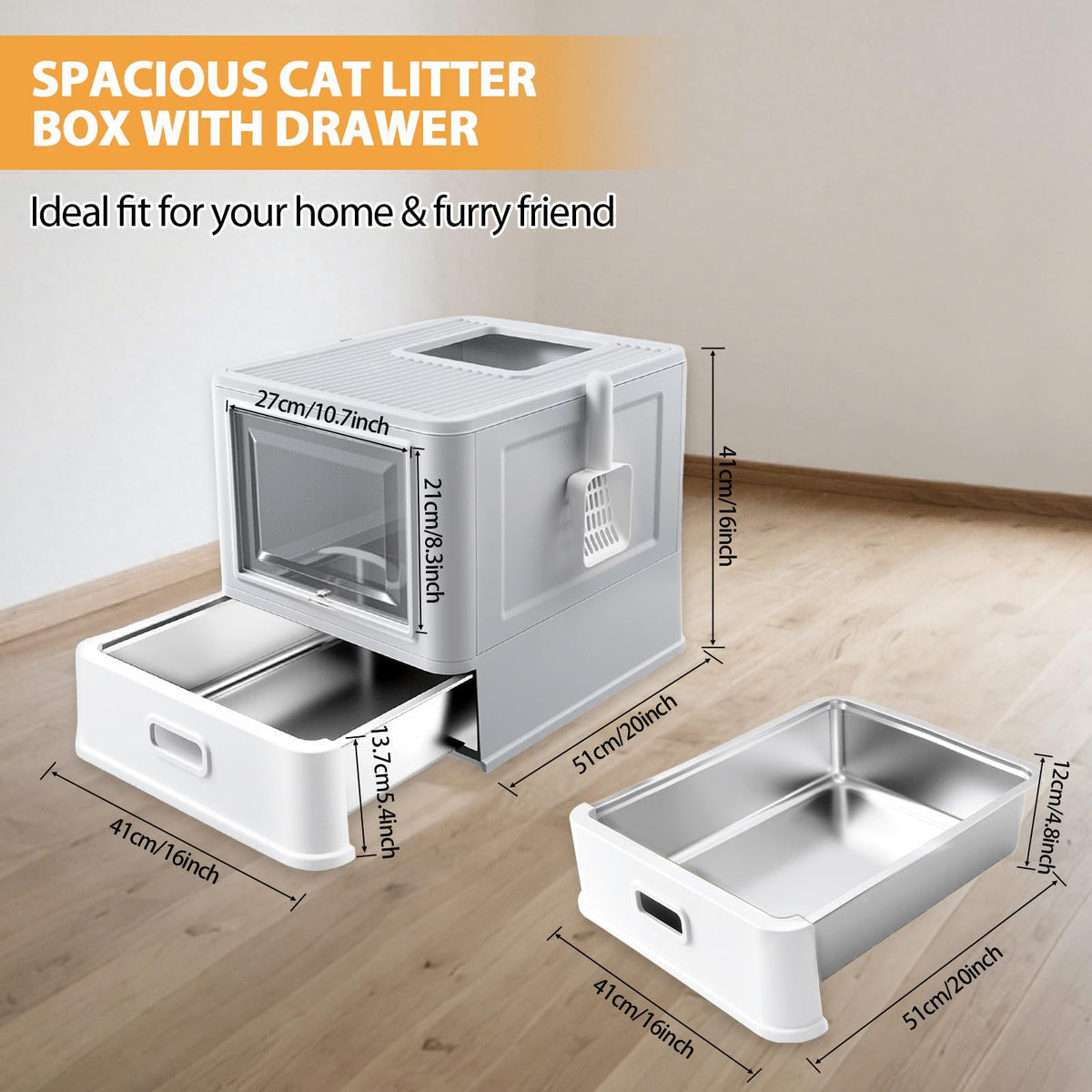 XL Stainless Steel Cat Litter Box with Drawer V6200