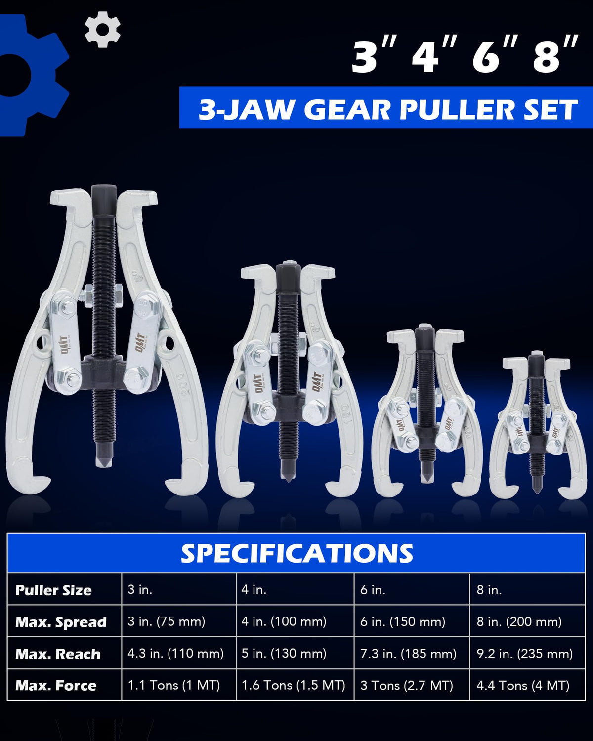 3" 4" 6" 8" 3 Jaw Gear Puller Set with Reversible Jaws I3355