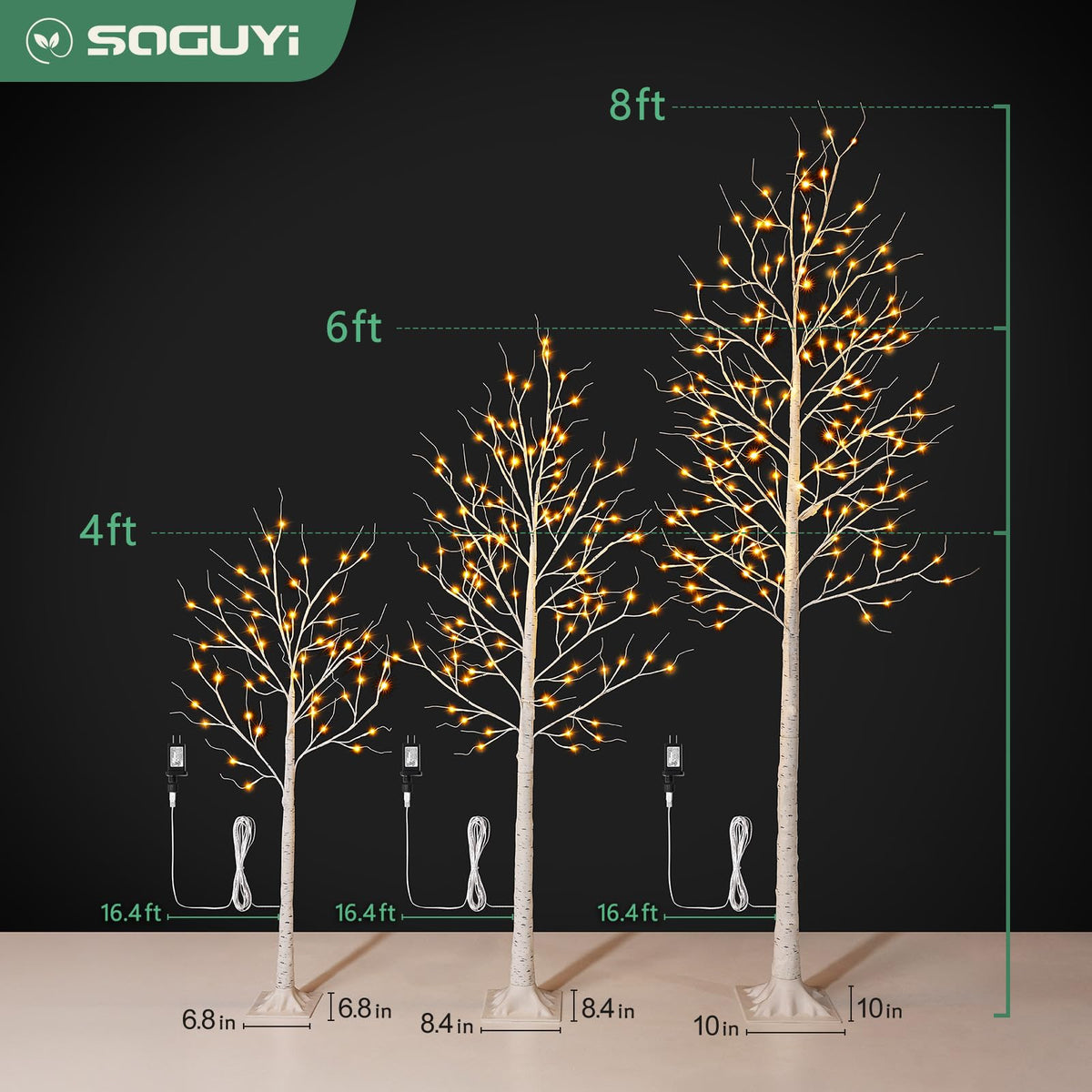 White Birch Tree with Lights Set of 3 Christmas Decorations with Warm White Lights I678