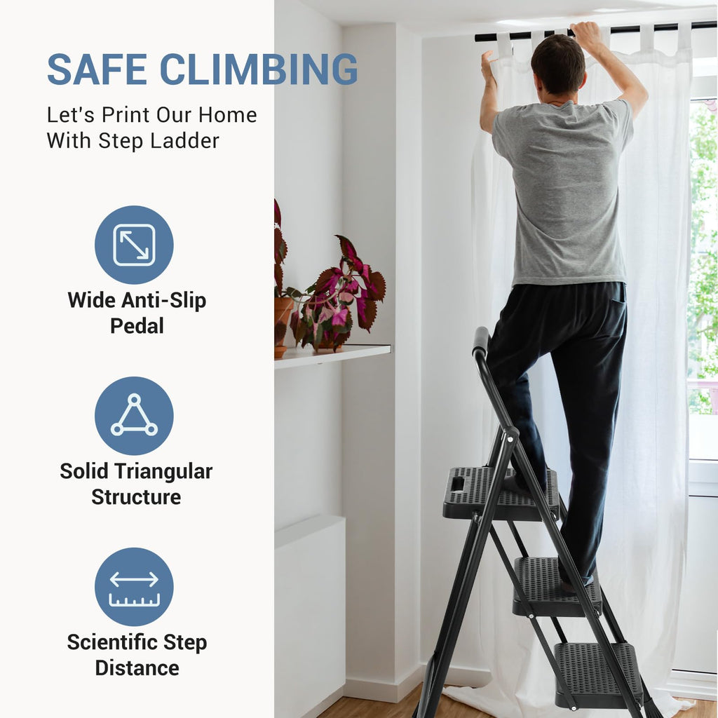 3 Step Ladder with Anti-Slip Pedal and Handrail, 500lbs, Black P7367