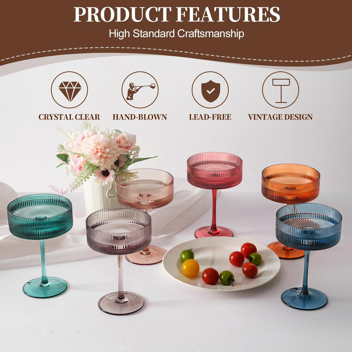 9Oz Ribbed Crystal Hand Blown Coupe Cocktail Glasses O82775