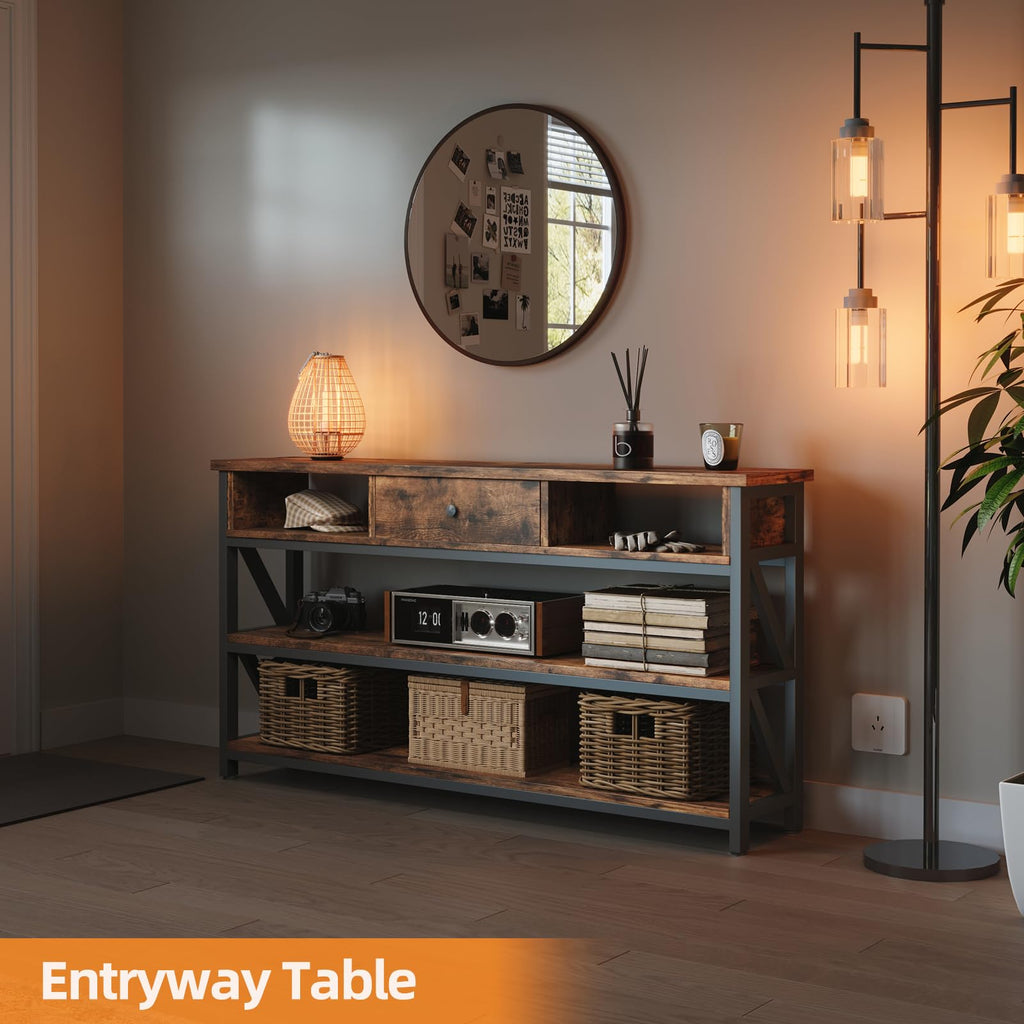 47 Inch Rustic Brown Console Table with Drawer Shelves D15325