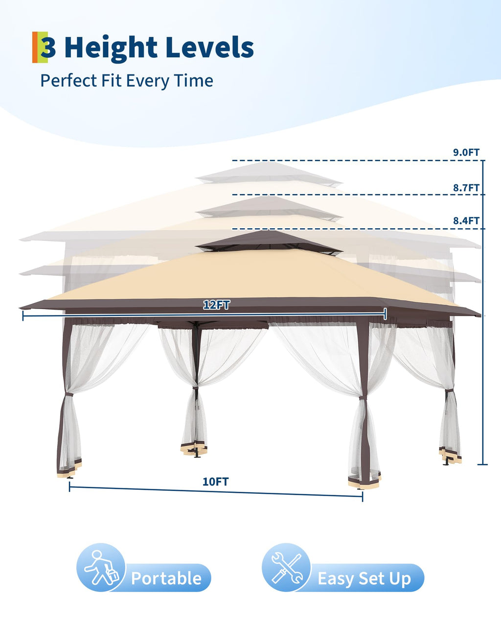 12x12FT Pop Up Gazebo with Mosquito Netting, Khaki & Coffee X7558
