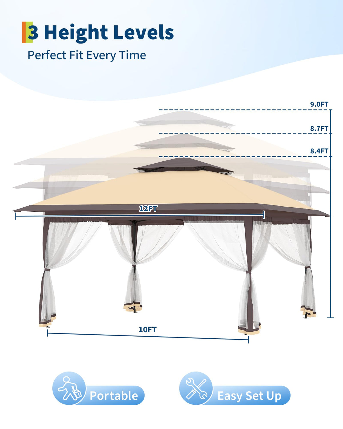 12x12FT Pop Up Gazebo with Mosquito Netting, Khaki & Coffee X7558