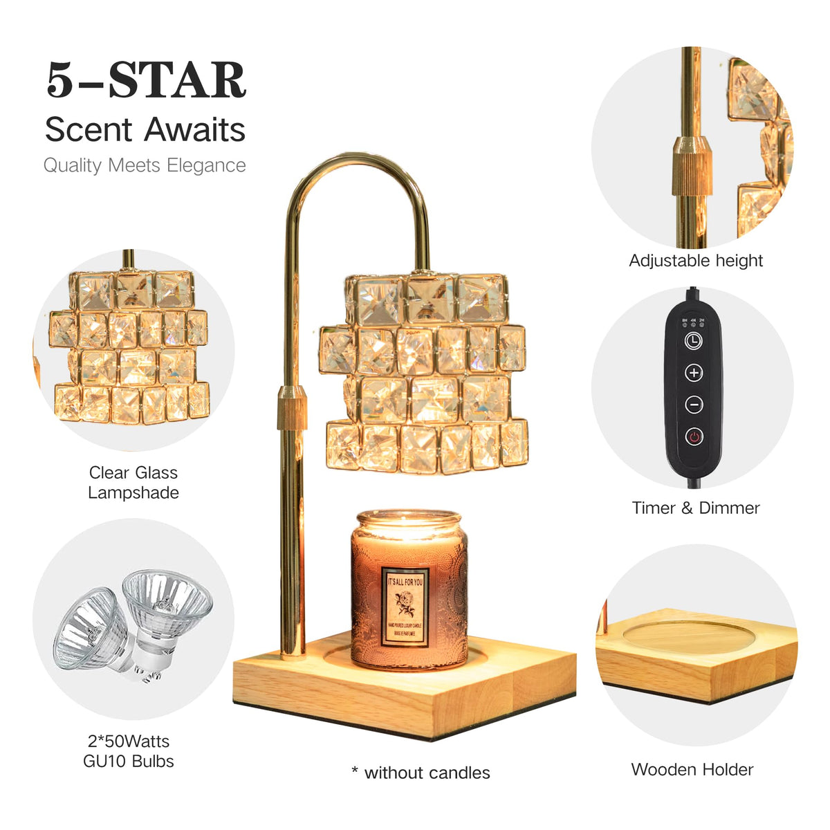 Candle Warmer Lamp with 2 Bulbs, Adjustable Dimmable Amber Glass W49730