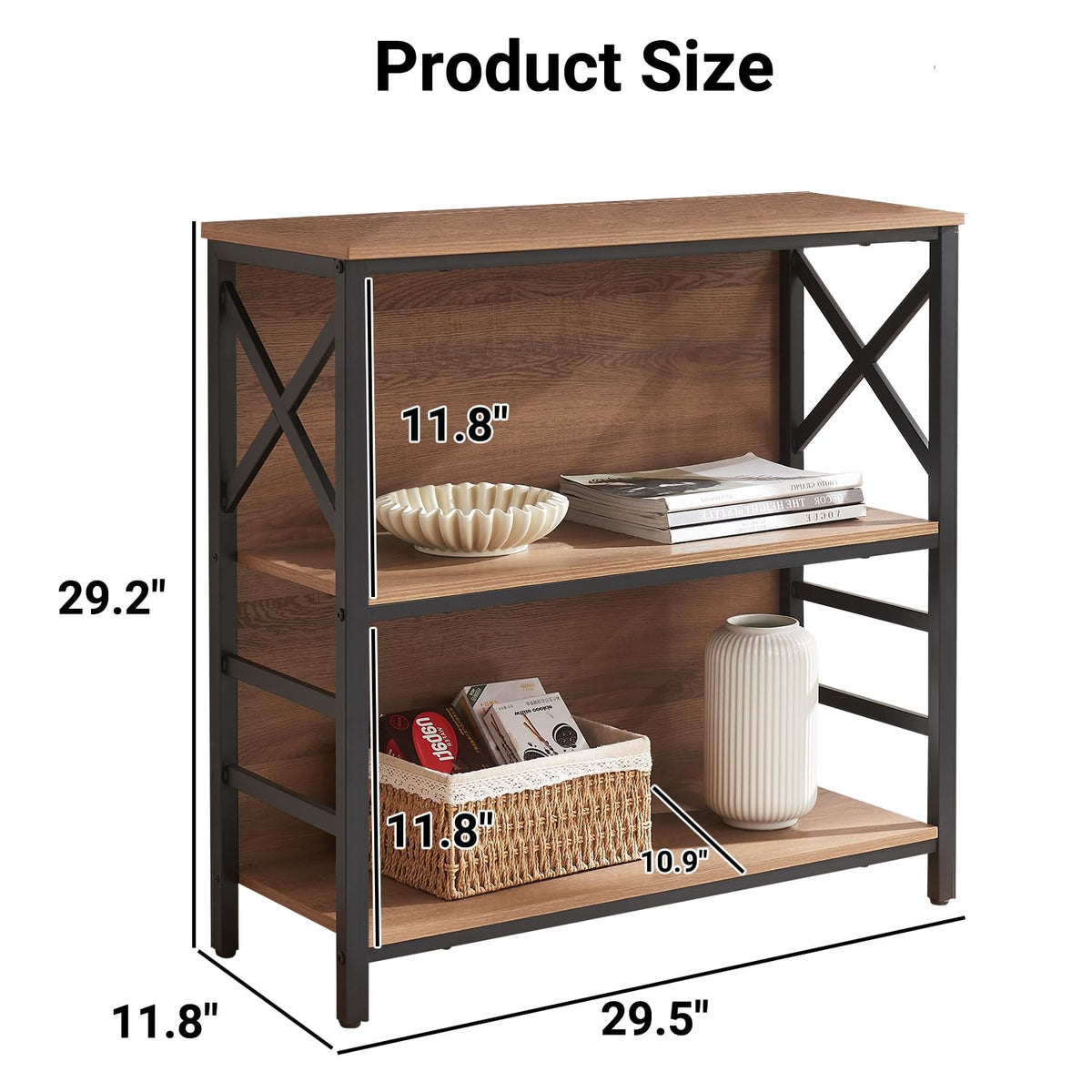 3 Tier Rustic Brown Bookshelf with Metal Frame and Backboard E239