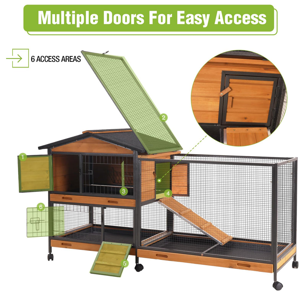 Wooden Rabbit Hutch with Wheels and Pull-Out Tray A543