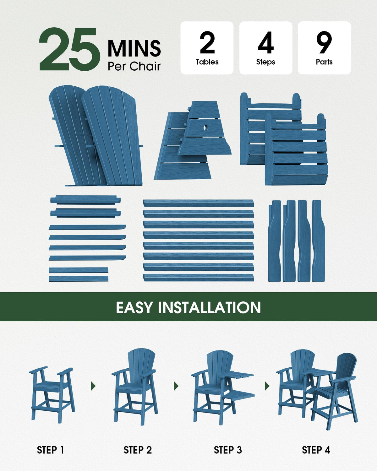 Navy Blue Adirondack Chairs Set of 2 with Table Trays K978323
