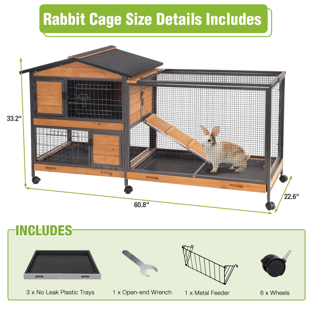 Wooden Rabbit Hutch with Wheels and Pull-Out Tray A543