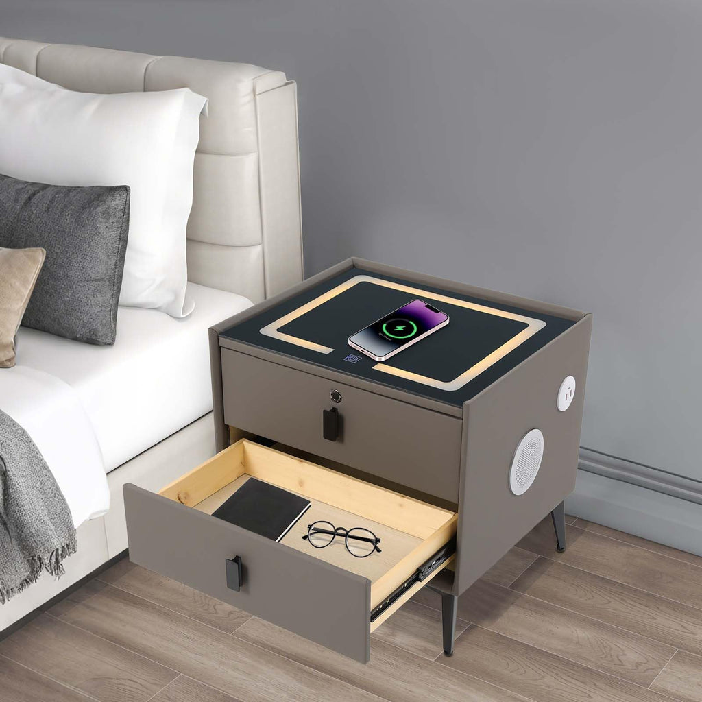 Dark Grey Smart Nightstand with Wireless Charging and LED Lights H70223