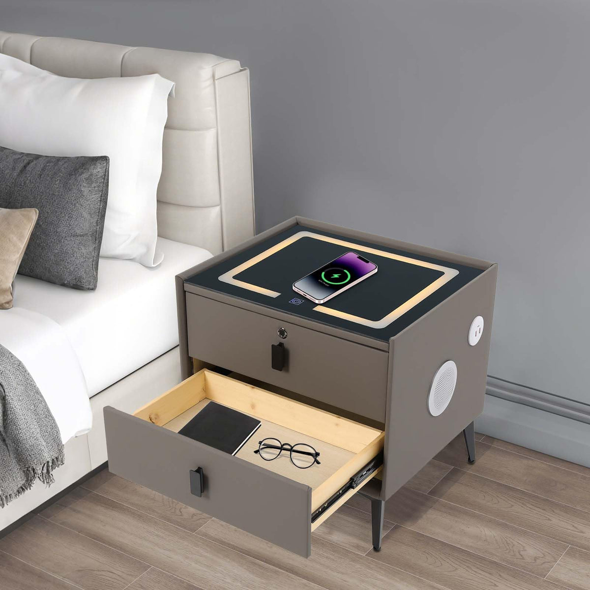 Dark Grey Smart Nightstand with Wireless Charging and LED Lights H70223