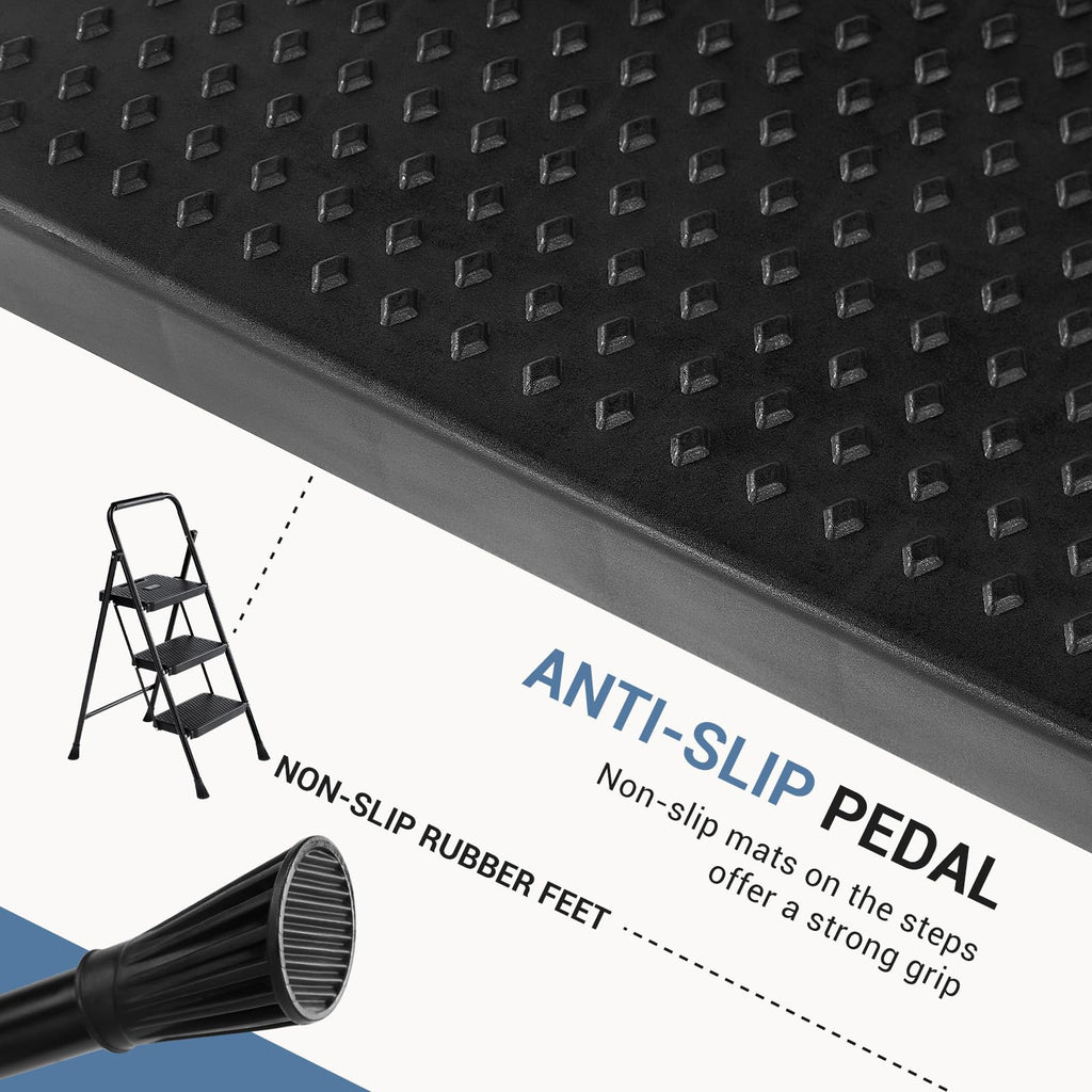 3 Step Ladder with Anti-Slip Pedal and Handrail, 500lbs, Black P7367