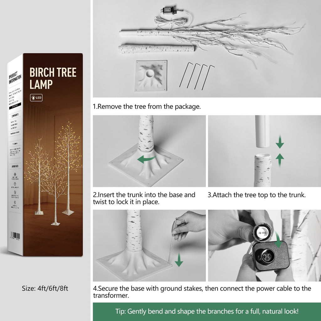 White Birch Tree with Lights Set of 3 Christmas Decorations with Warm White Lights I678