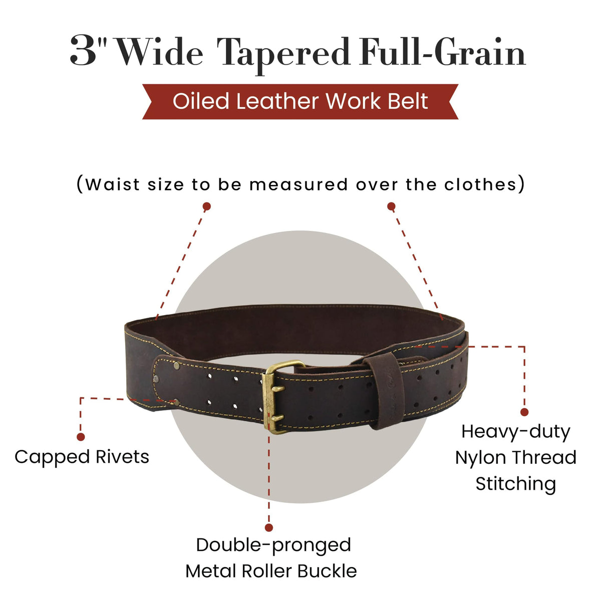 3" Wide Full-Grain Oiled Leather Work Belt V663893