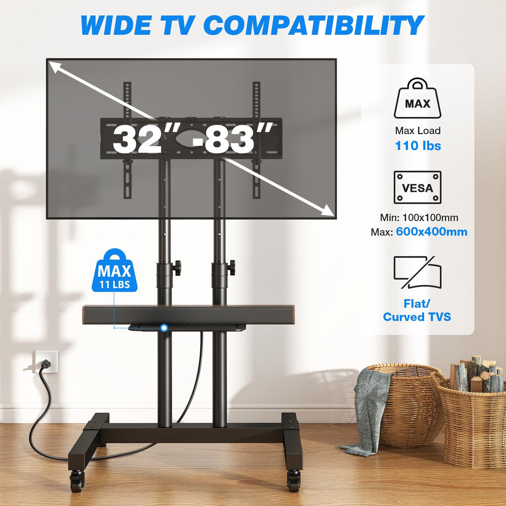 Mobile TV Cart Rolling TV Stand with Power Outlet for 32-83 Inch Screens I976403