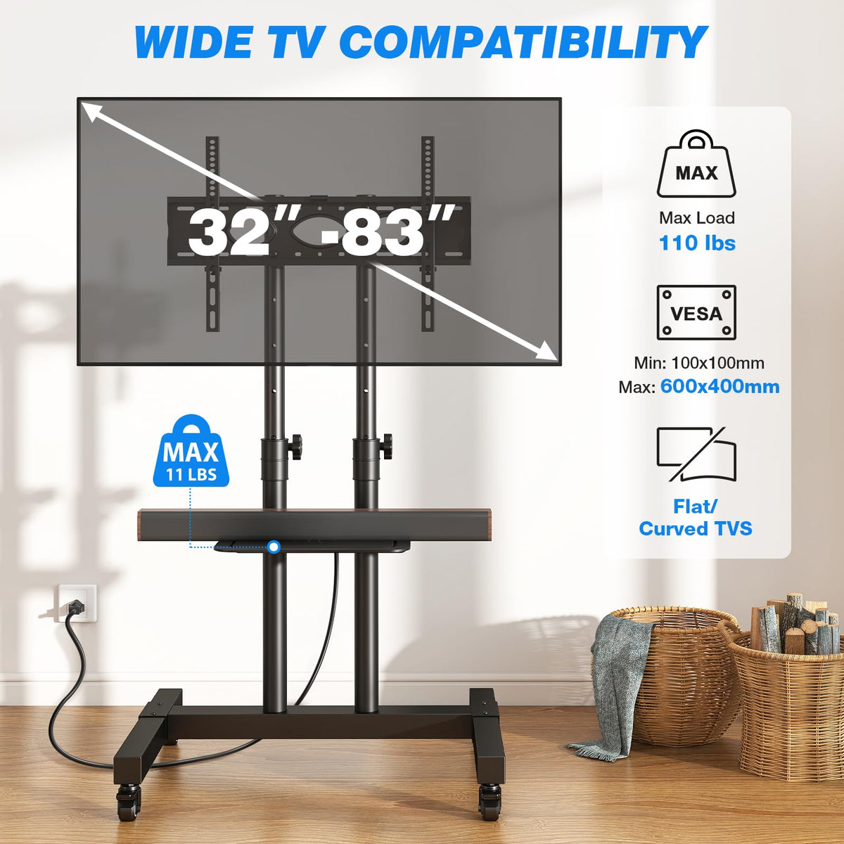 Mobile TV Cart Rolling TV Stand with Power Outlet for 32-83 Inch Screens I976403