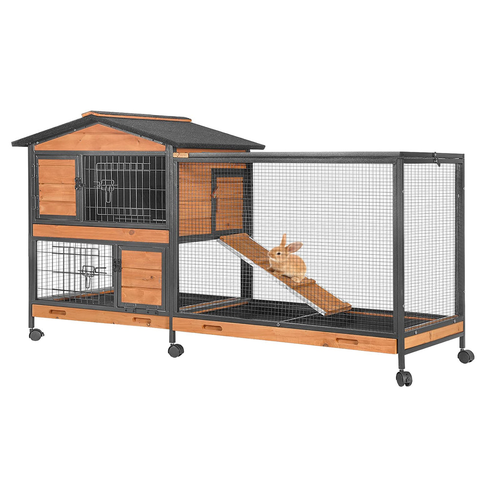 Wooden Rabbit Hutch with Wheels and Pull-Out Tray A543