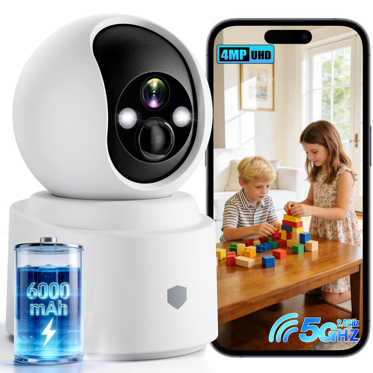 Battery Powered Wireless Indoor Security Camera, 4MP HD Pan/Tilt, 6000mAh Rechargeable, 5G&2.4G WiFi 6 K578096